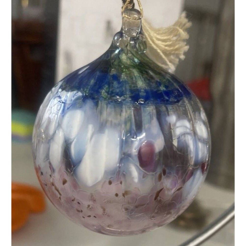 Hand Blown Art Glass Hanging Ball Swirl Patriotic Orb Ornament Sun Catcher NICE!
